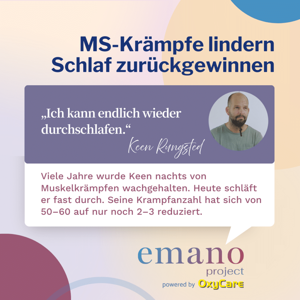 Grafik mit dem Titel „MS-Krämpfe lindern – Schlaf zurückgewinnen“. Foto von Keen Ringsted und ein Zitat, in dem er berichtet, wieder durchschlafen zu können. Darunter ein kurzer Erfahrungsbericht. Unten das emano project Logo.