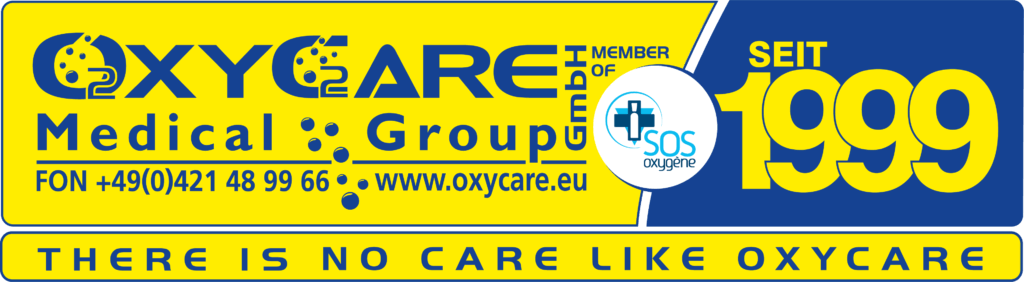 Gelbes und blaues OxyCare Firmenlogo mit der Aufschrift „OxyCare Medical Group“ sowie der Telefonnummer und Webadresse. Rechts steht in großen gelben Ziffern „Seit 1999“. Daneben befindet sich das Logo von SOS Oxygène. Unter dem Logo steht der englische Claim „There is no care like OxyCare“.