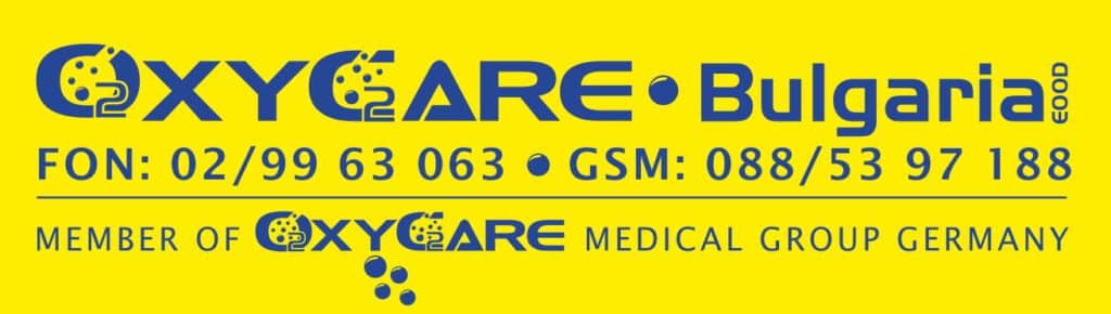 Das Bild zeigt das OxyCare Bulgaria Logo auf einem gelben Hintergrund. In großer blauer Schrift steht „OxyCare Bulgaria EOOD“. Darunter folgen die Kontaktangaben „FON: 02/99 63 063“ und „GSM: 088/53 97 188“. Am unteren Rand steht der Satz „Member of OxyCare Medical Group Germany“ mit dem OxyCare Logo.