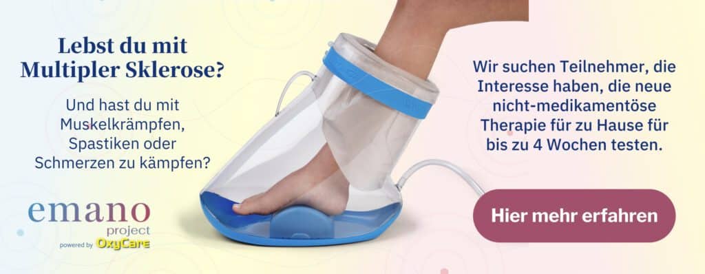 Ein Fuß befindet sich im FlowOx™ System, einem medizinischen Gerät zur gepulsten Unterdrucktherapie, das im emano project getestet wird.