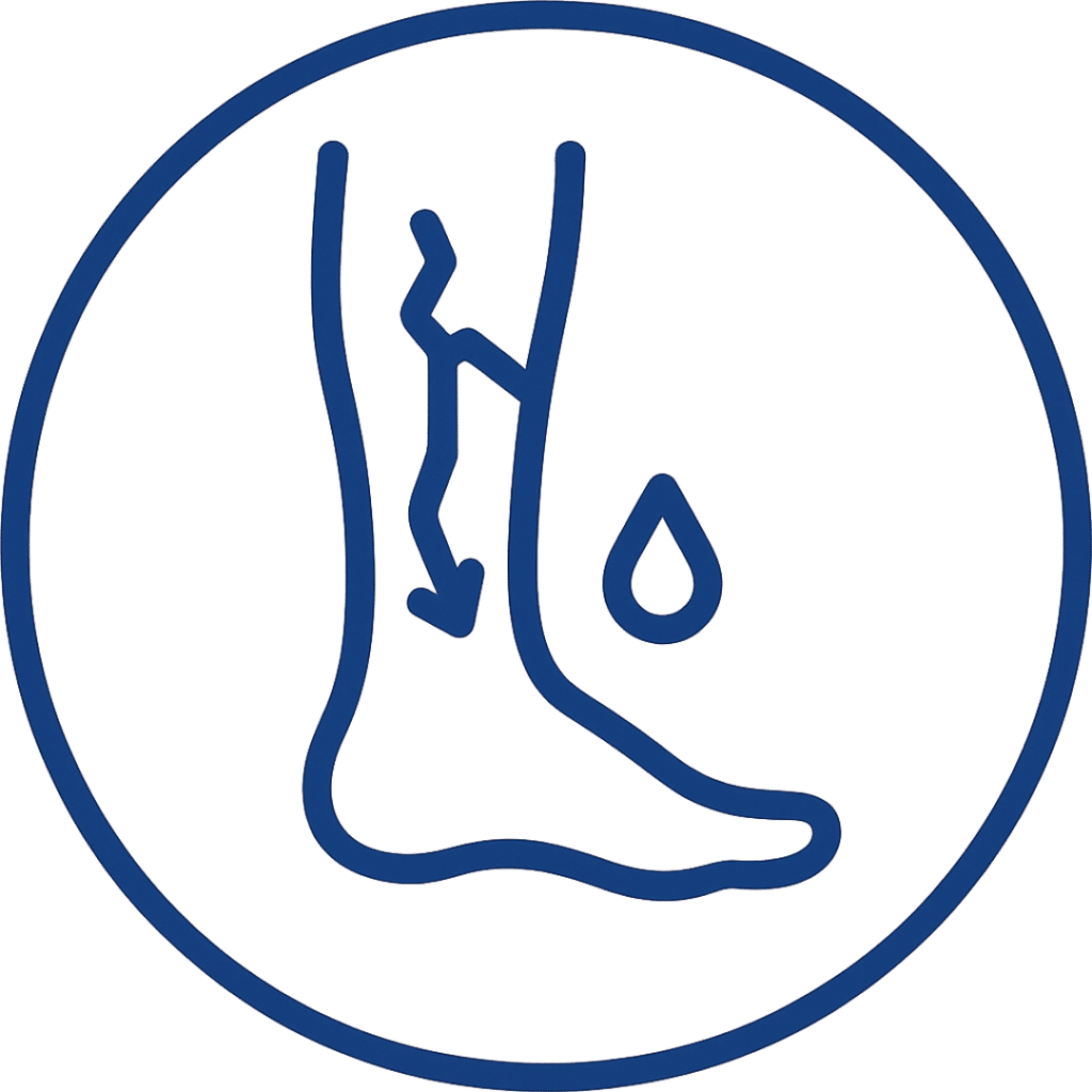 Blaues Linien-Icon: Ein menschlicher Fuß wird gezeigt, daneben stilisierte Gefäßstrukturen mit Pfeilen sowie ein Tropfensymbol. Alle Elemente liegen innerhalb eines blauen Kreises, der Hintergrund ist transparent.