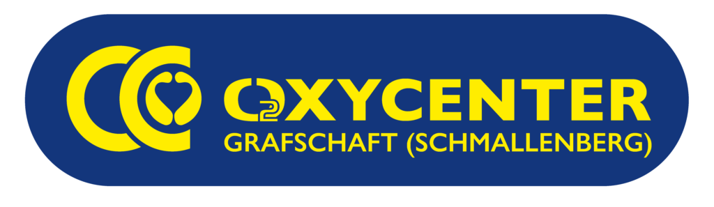 Logo des OxyCenter Grafschaft in Schmallenberg in Gelb auf blauem Hintergrund